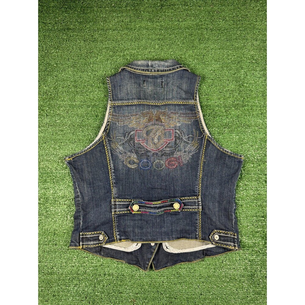 Coogi Couture Denim Vest Womens L Large Blue Jean Bling Embellished Sleeveless
